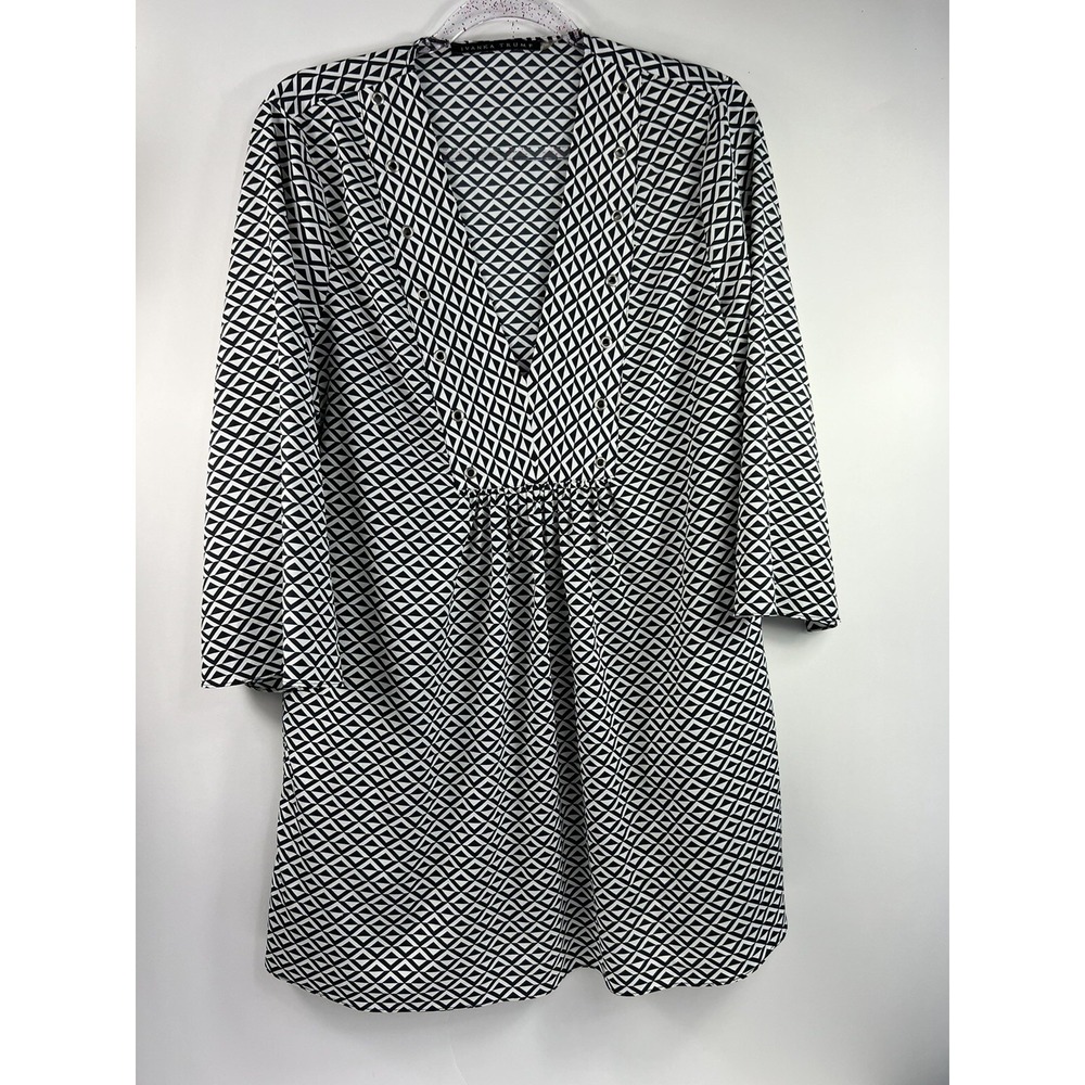 Ivanka Trump Dress Women's Sz S/M Black/White Print Deep V-Neck 3/4 Sleeves